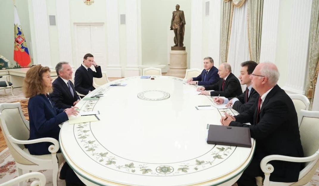 Russia's President Vladimir Putin, accompanied by Kremlin economic envoy Kirill Dmitriev and Kremlin aide Yuri Ushakov, meets with US special envoy Steve Witkoff and US President Donald Trump's son-in-law Jared Kushner at the Kremlin in Moscow on December 2, 2025. Photo: ANP / Alexander KAZAKOV / POOL / AFP