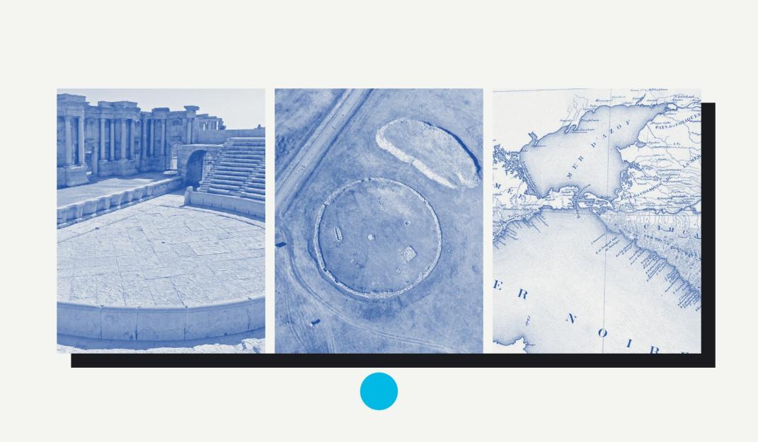 Collage: Roman theatre of Palmyra (Bernard Gagnon, CC BY-SA 3.0), Arzhan kurgans in Tuva (Vladimir, CC BY-SA 4.0), map of Crimea by Dubois de Montpéreux, 1841 (public domain), all via Wikimedia Commons. REKA cover, CC BY-SA 4.0